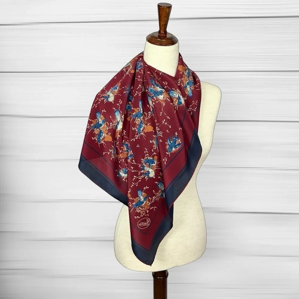 Gucci Silk Scarf Maroon Blue Bird Print Vintage Script Logo 33x33